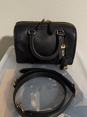 Coach Ruby 25 Black Pebbled Leather Crossbody Satchel with Brass Hardware